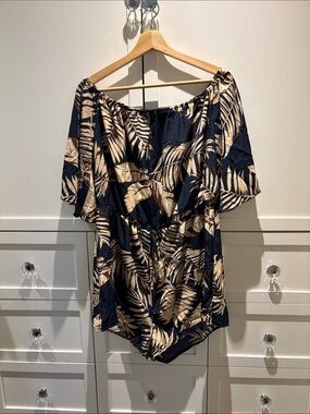 SHEIN Navy and Beige Tropical Off-Shoulder Jumpsuit
